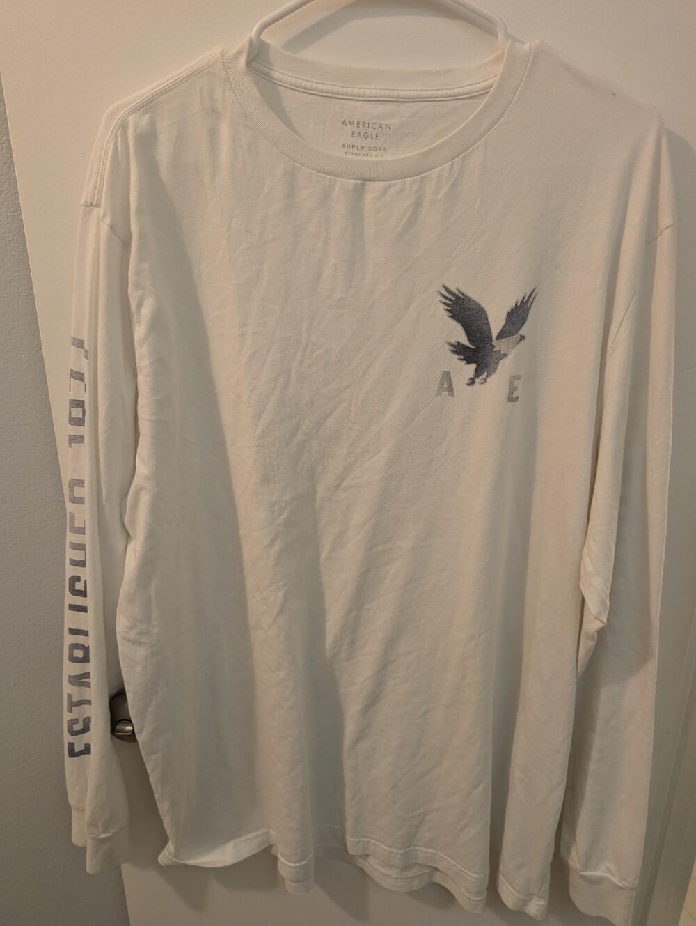 Men's American Eagle Outfitters Off-White Long-Sleeve Graphic Tee with Grey Eagl